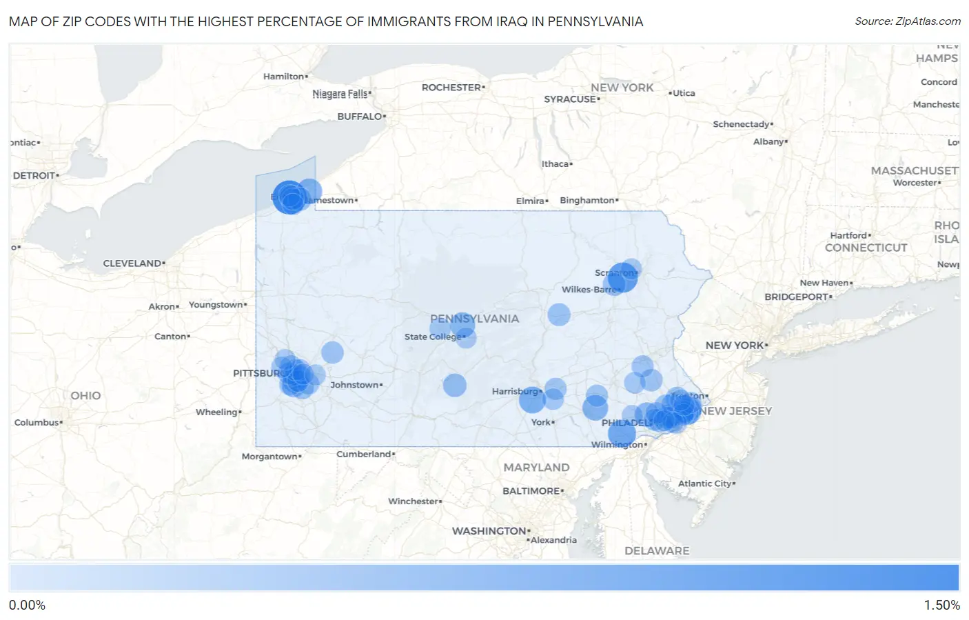 Zip Codes with the Highest Percentage of Immigrants from Iraq in Pennsylvania Map