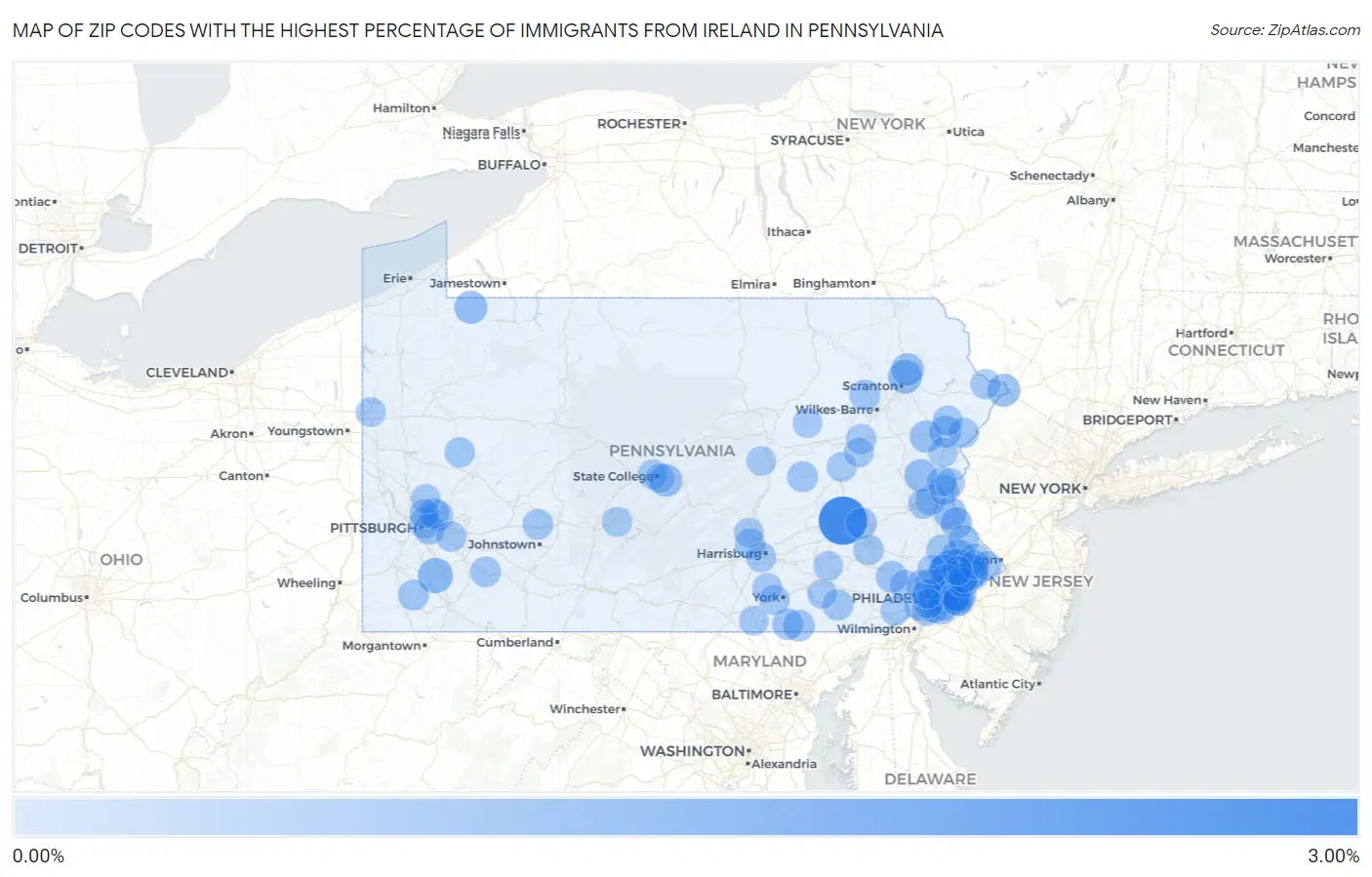 Zip Codes with the Highest Percentage of Immigrants from Ireland in Pennsylvania Map