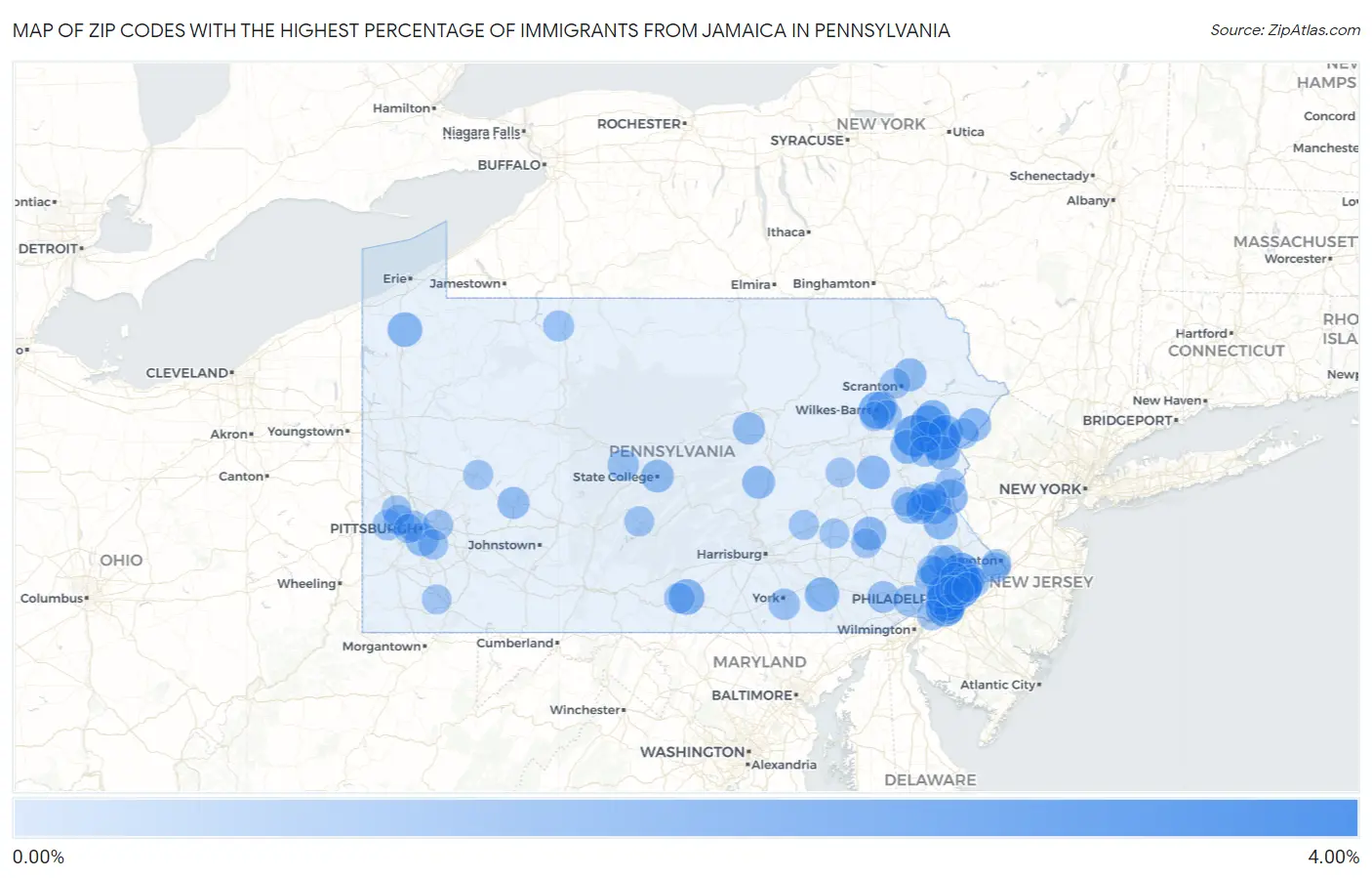 Zip Codes with the Highest Percentage of Immigrants from Jamaica in Pennsylvania Map