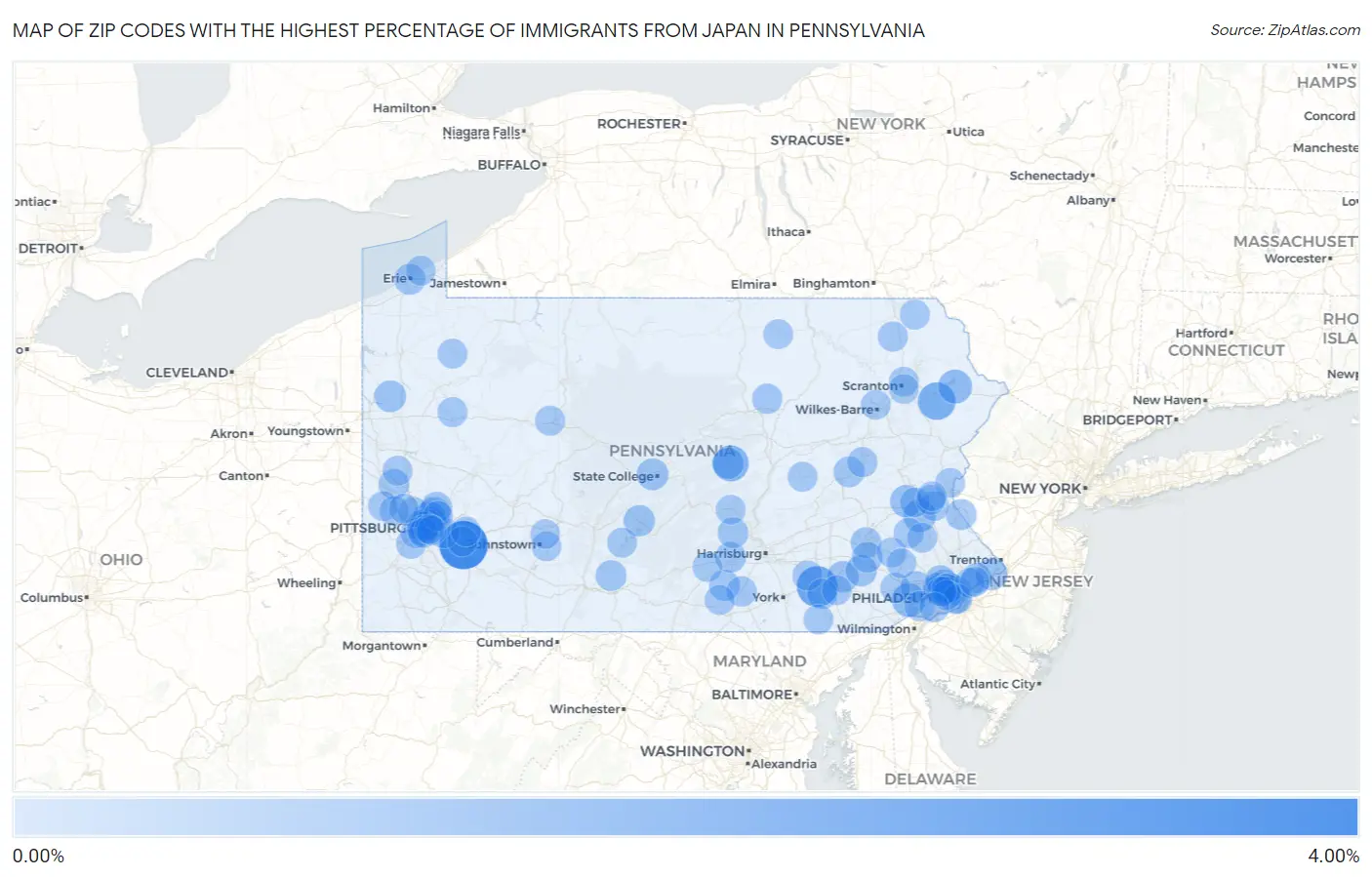 Zip Codes with the Highest Percentage of Immigrants from Japan in Pennsylvania Map