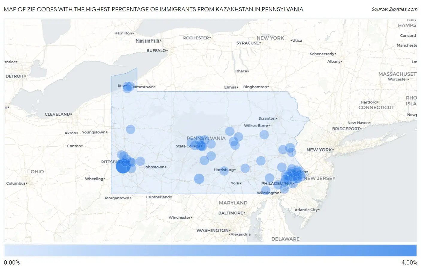 Zip Codes with the Highest Percentage of Immigrants from Kazakhstan in Pennsylvania Map