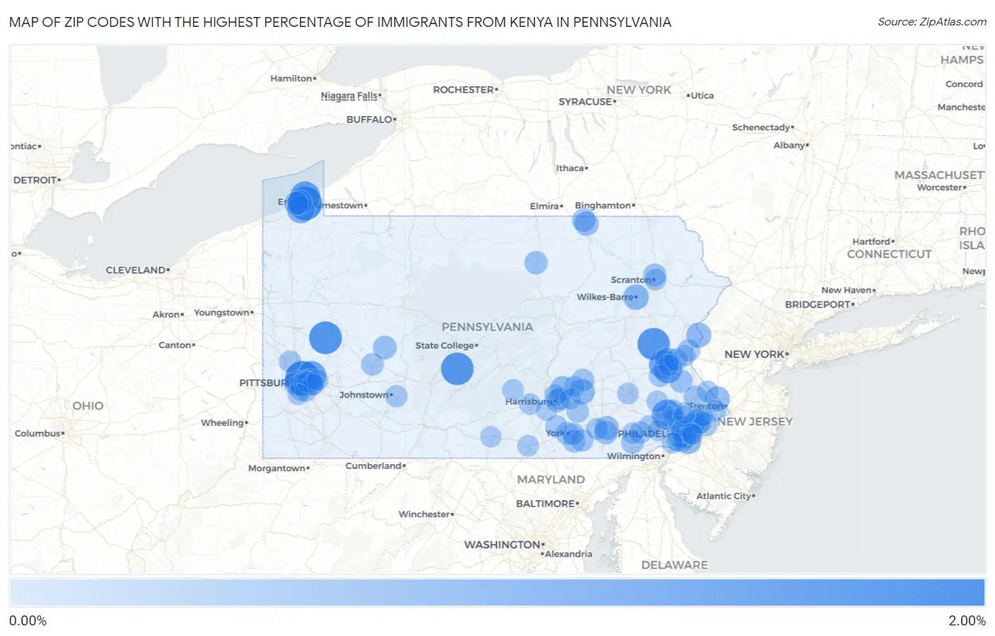 Zip Codes with the Highest Percentage of Immigrants from Kenya in Pennsylvania Map