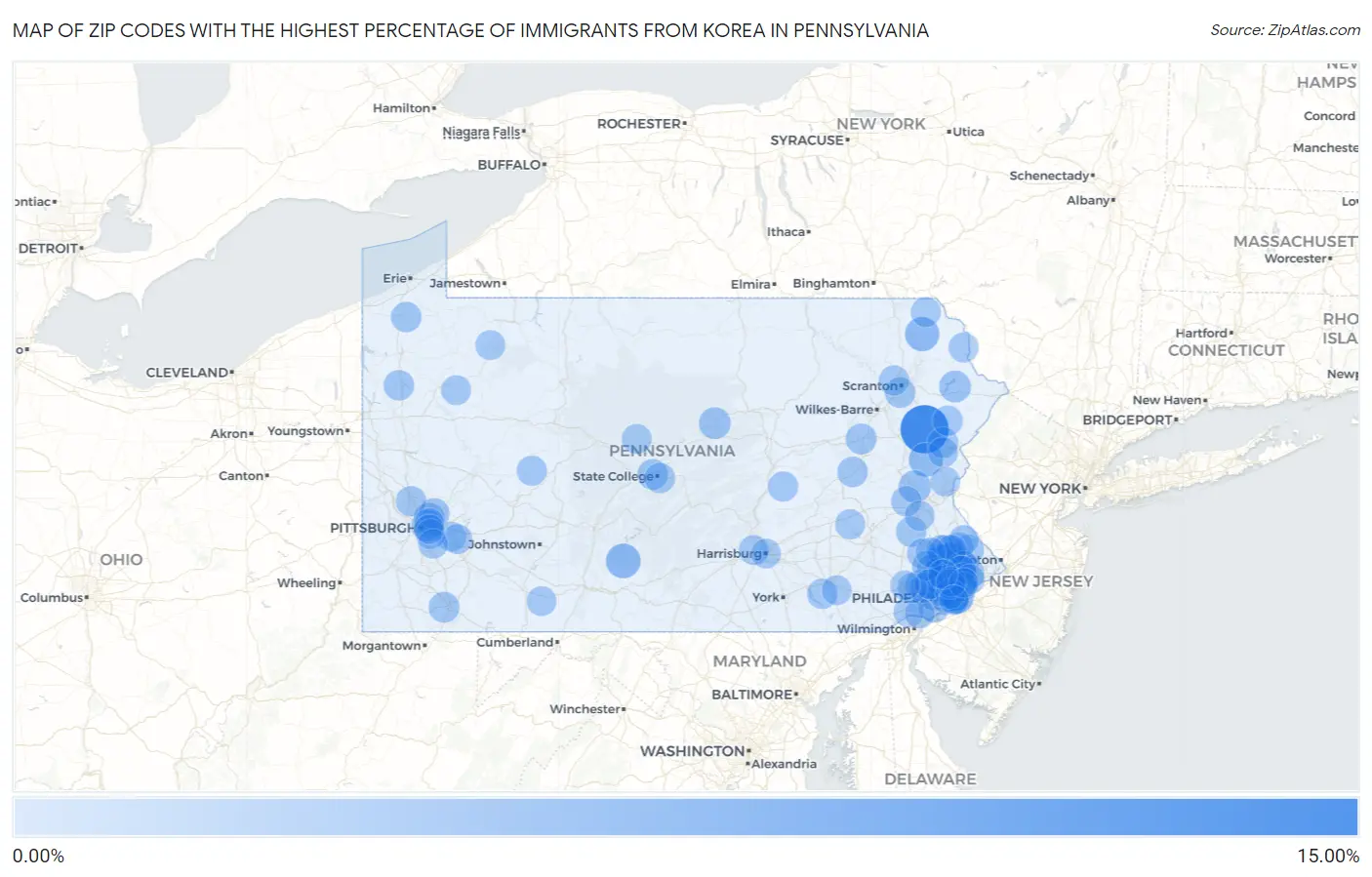 Zip Codes with the Highest Percentage of Immigrants from Korea in Pennsylvania Map