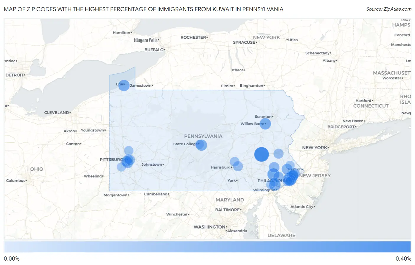 Zip Codes with the Highest Percentage of Immigrants from Kuwait in Pennsylvania Map