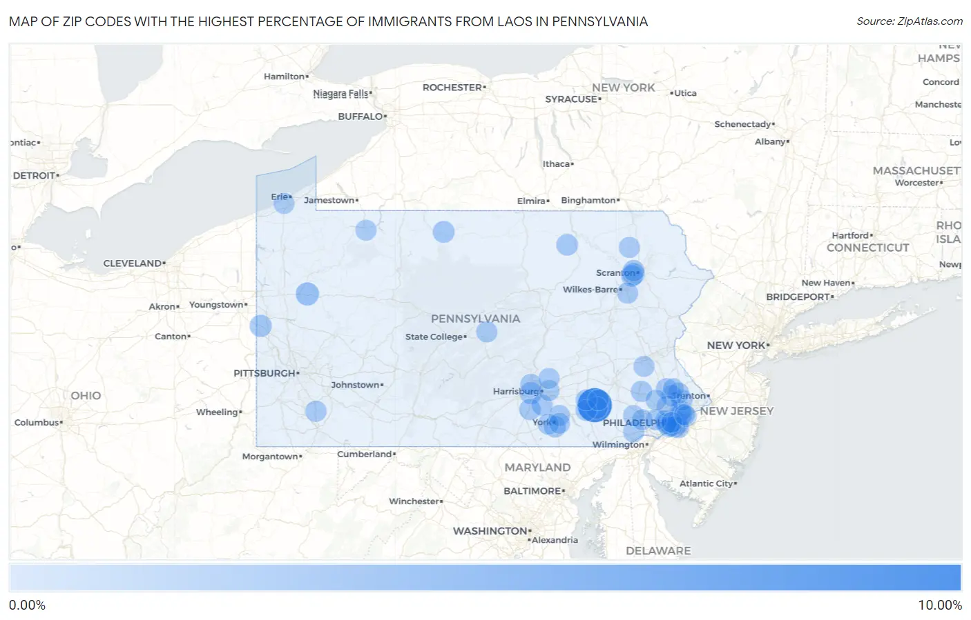 Zip Codes with the Highest Percentage of Immigrants from Laos in Pennsylvania Map