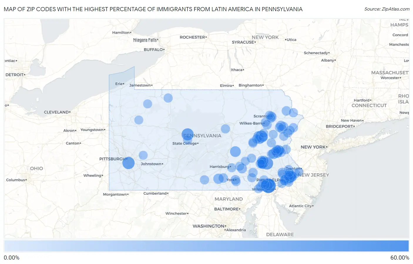 Zip Codes with the Highest Percentage of Immigrants from Latin America in Pennsylvania Map