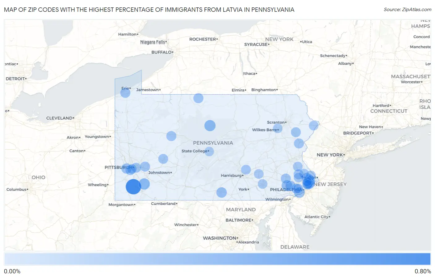 Zip Codes with the Highest Percentage of Immigrants from Latvia in Pennsylvania Map