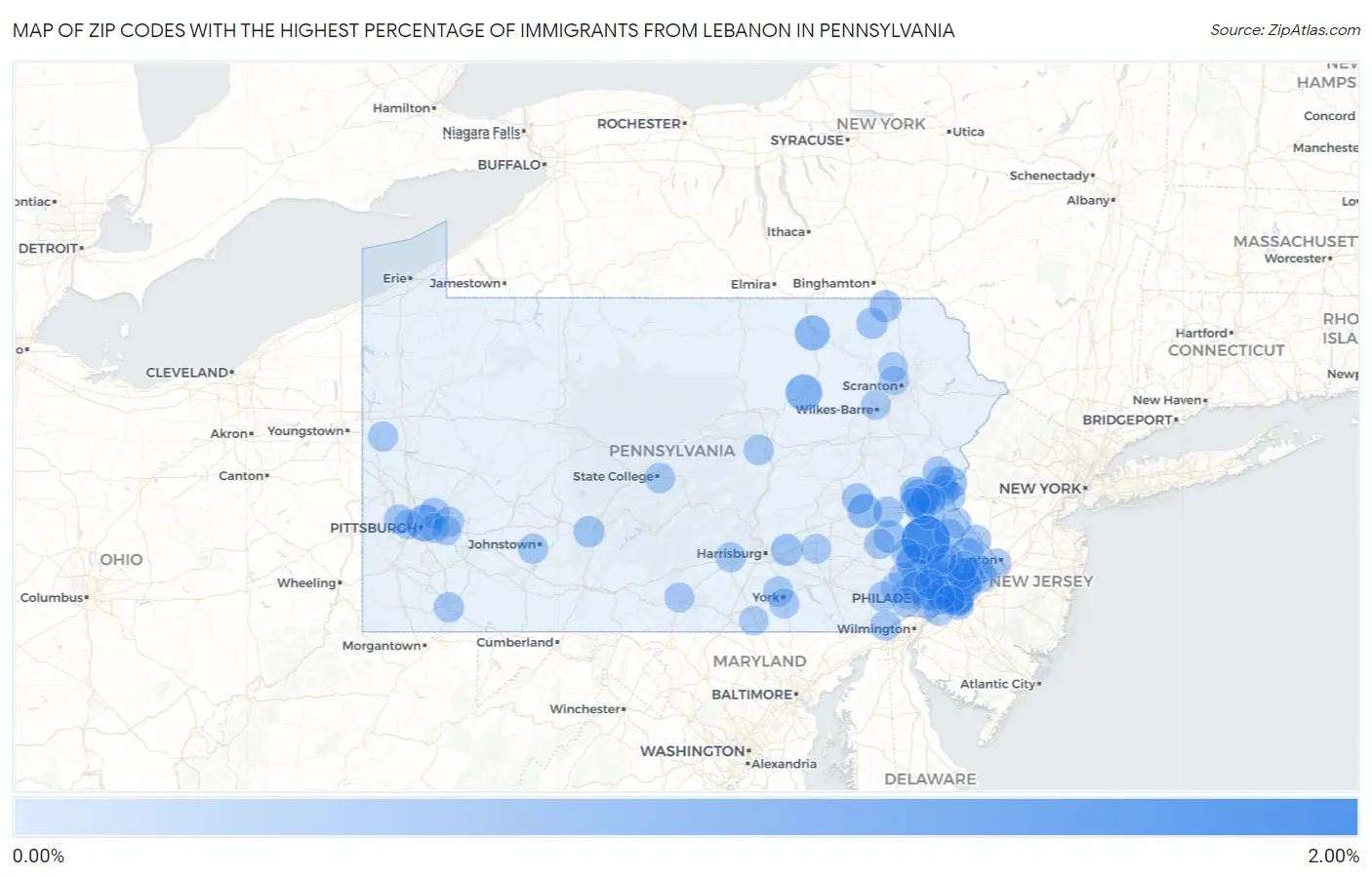 Zip Codes with the Highest Percentage of Immigrants from Lebanon in Pennsylvania Map