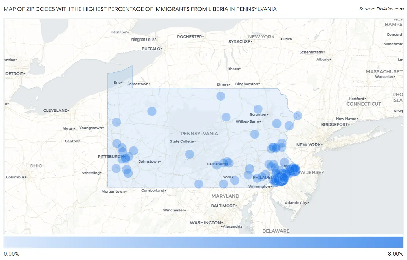 Zip Codes with the Highest Percentage of Immigrants from Liberia in Pennsylvania Map