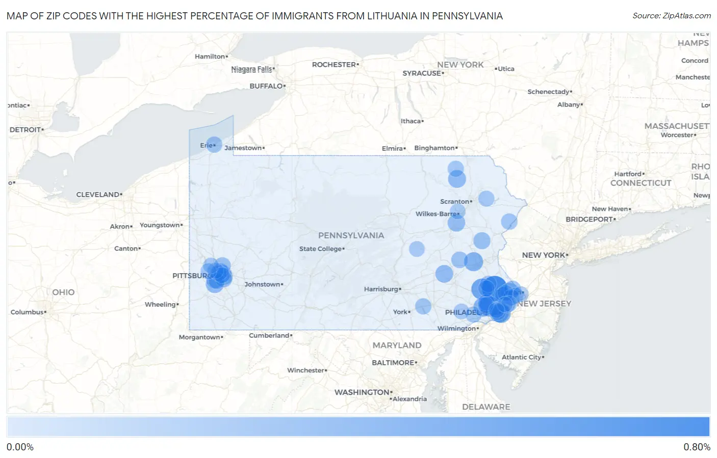 Zip Codes with the Highest Percentage of Immigrants from Lithuania in Pennsylvania Map