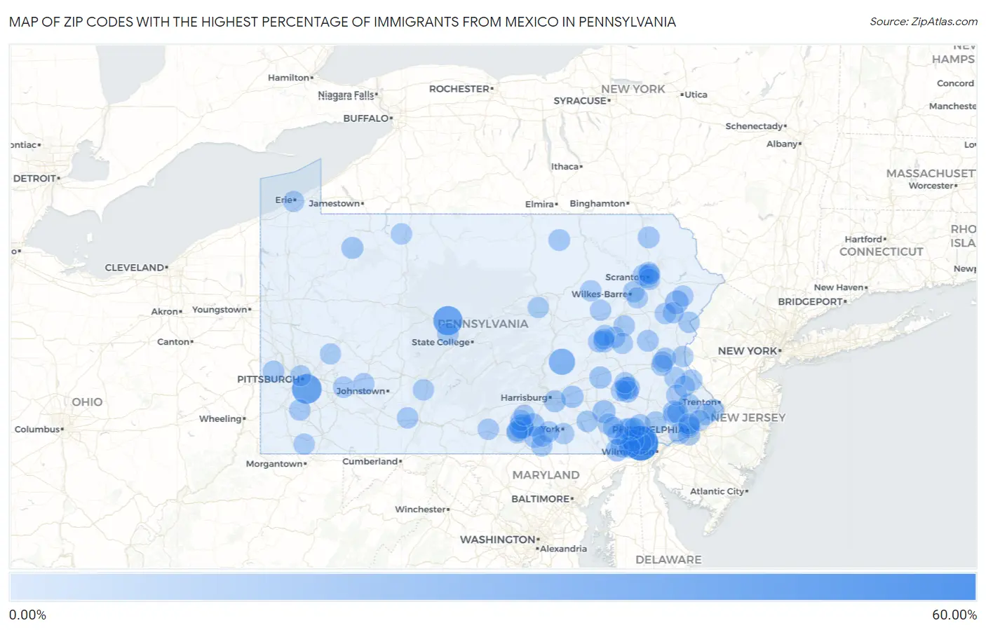 Zip Codes with the Highest Percentage of Immigrants from Mexico in Pennsylvania Map
