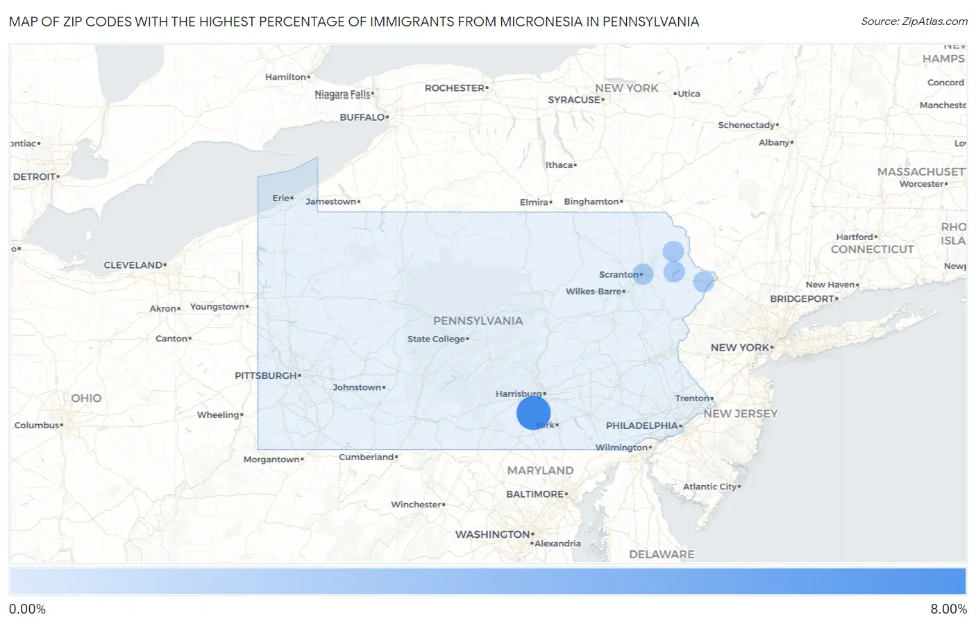 Zip Codes with the Highest Percentage of Immigrants from Micronesia in Pennsylvania Map