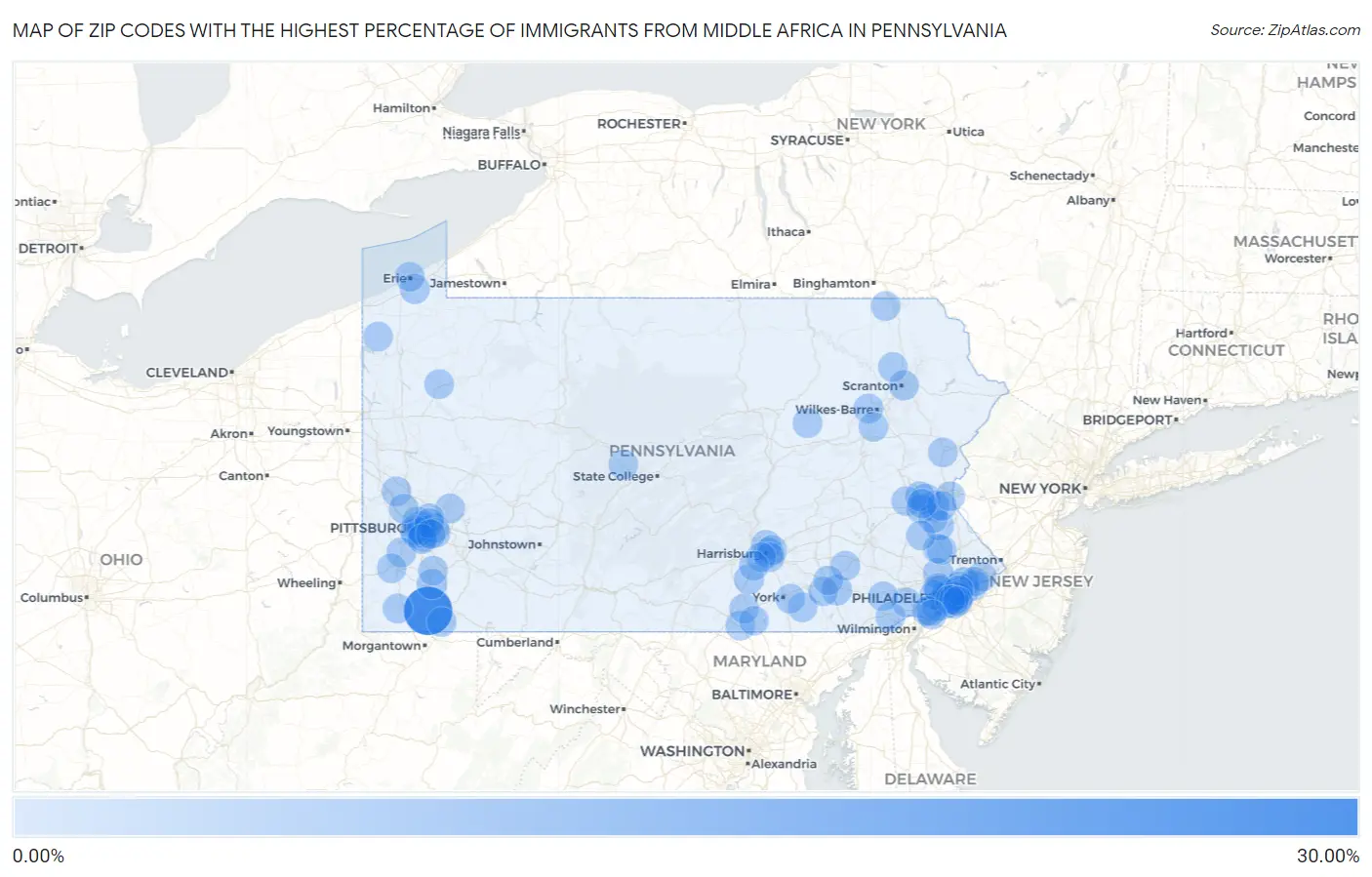 Zip Codes with the Highest Percentage of Immigrants from Middle Africa in Pennsylvania Map