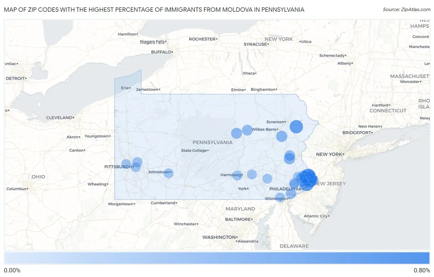 Zip Codes with the Highest Percentage of Immigrants from Moldova in Pennsylvania Map
