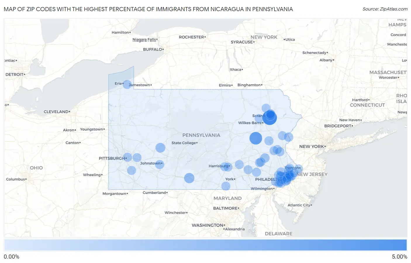 Zip Codes with the Highest Percentage of Immigrants from Nicaragua in Pennsylvania Map