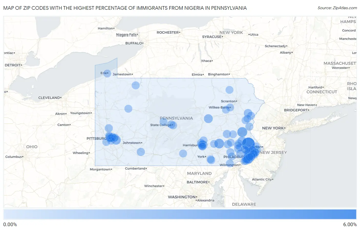 Zip Codes with the Highest Percentage of Immigrants from Nigeria in Pennsylvania Map