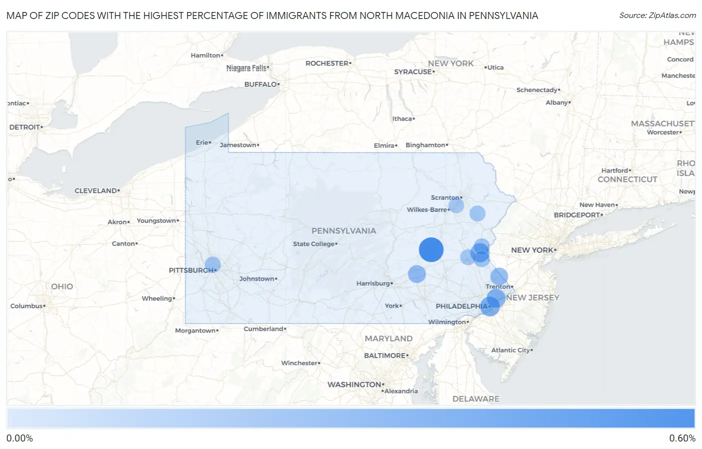 Zip Codes with the Highest Percentage of Immigrants from North Macedonia in Pennsylvania Map