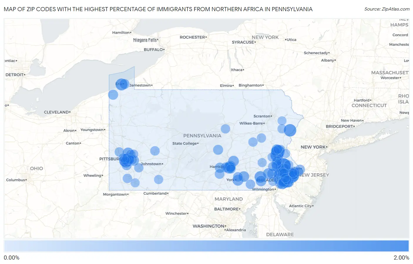Zip Codes with the Highest Percentage of Immigrants from Northern Africa in Pennsylvania Map