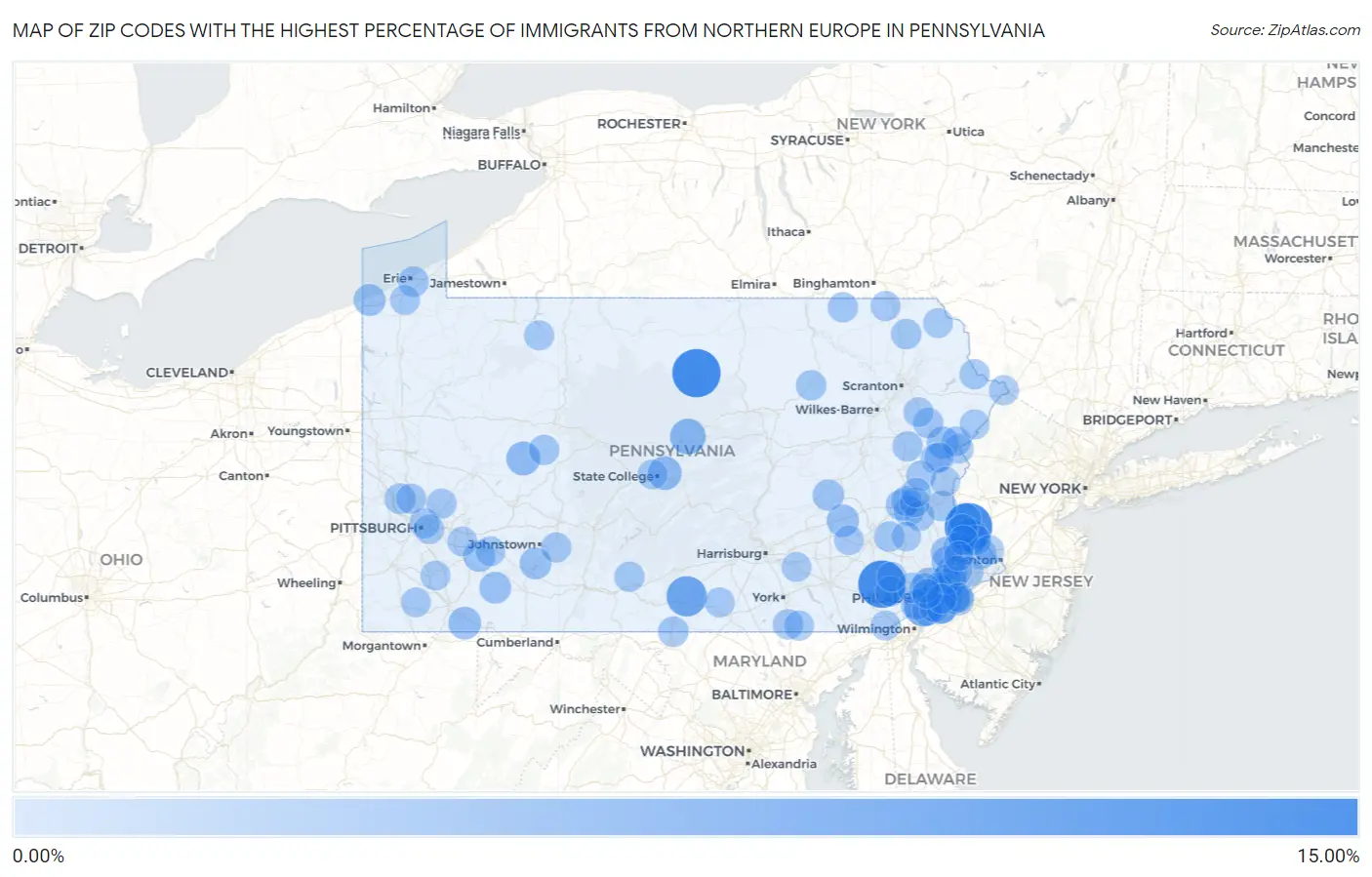 Zip Codes with the Highest Percentage of Immigrants from Northern Europe in Pennsylvania Map