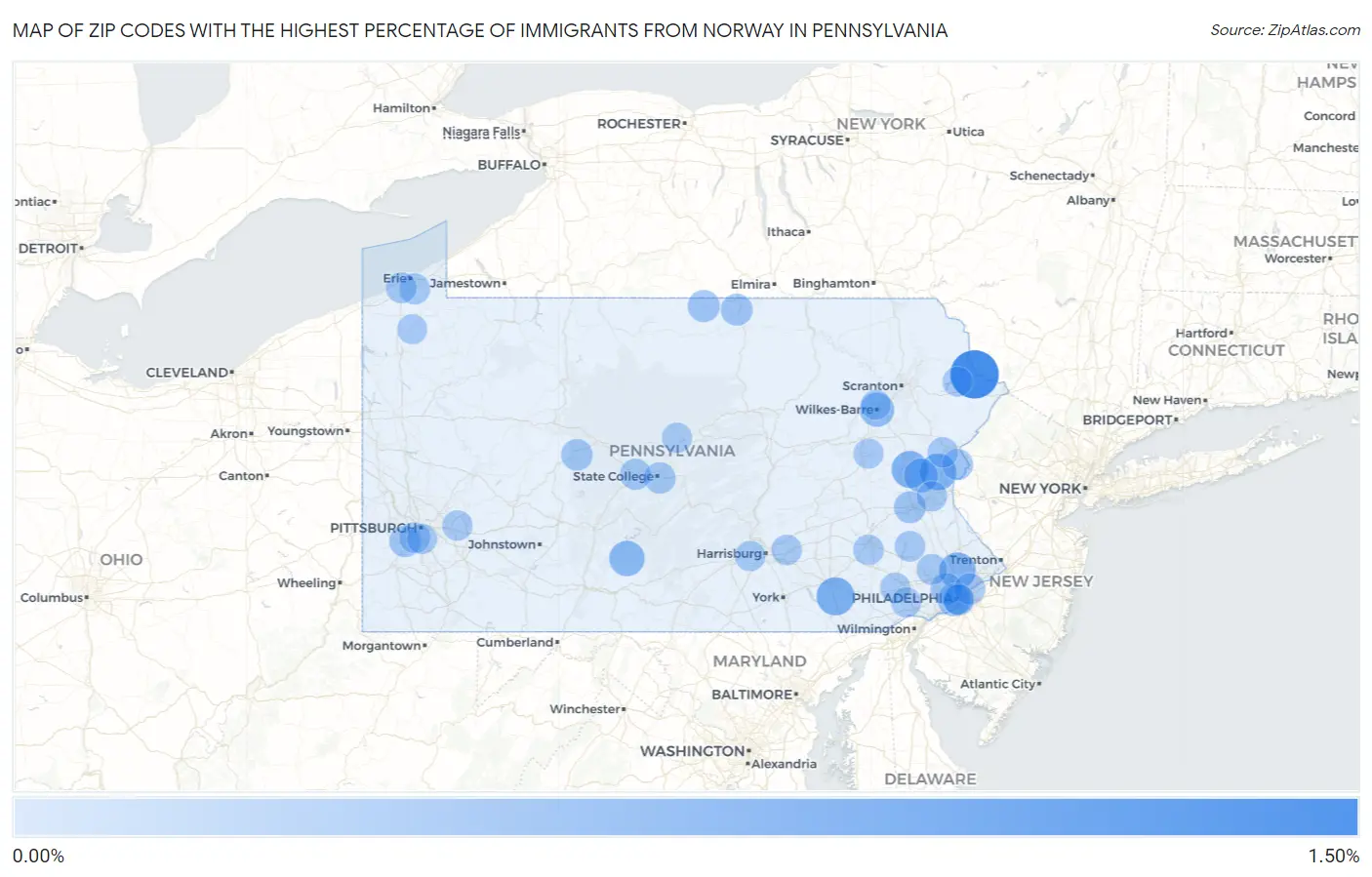 Zip Codes with the Highest Percentage of Immigrants from Norway in Pennsylvania Map