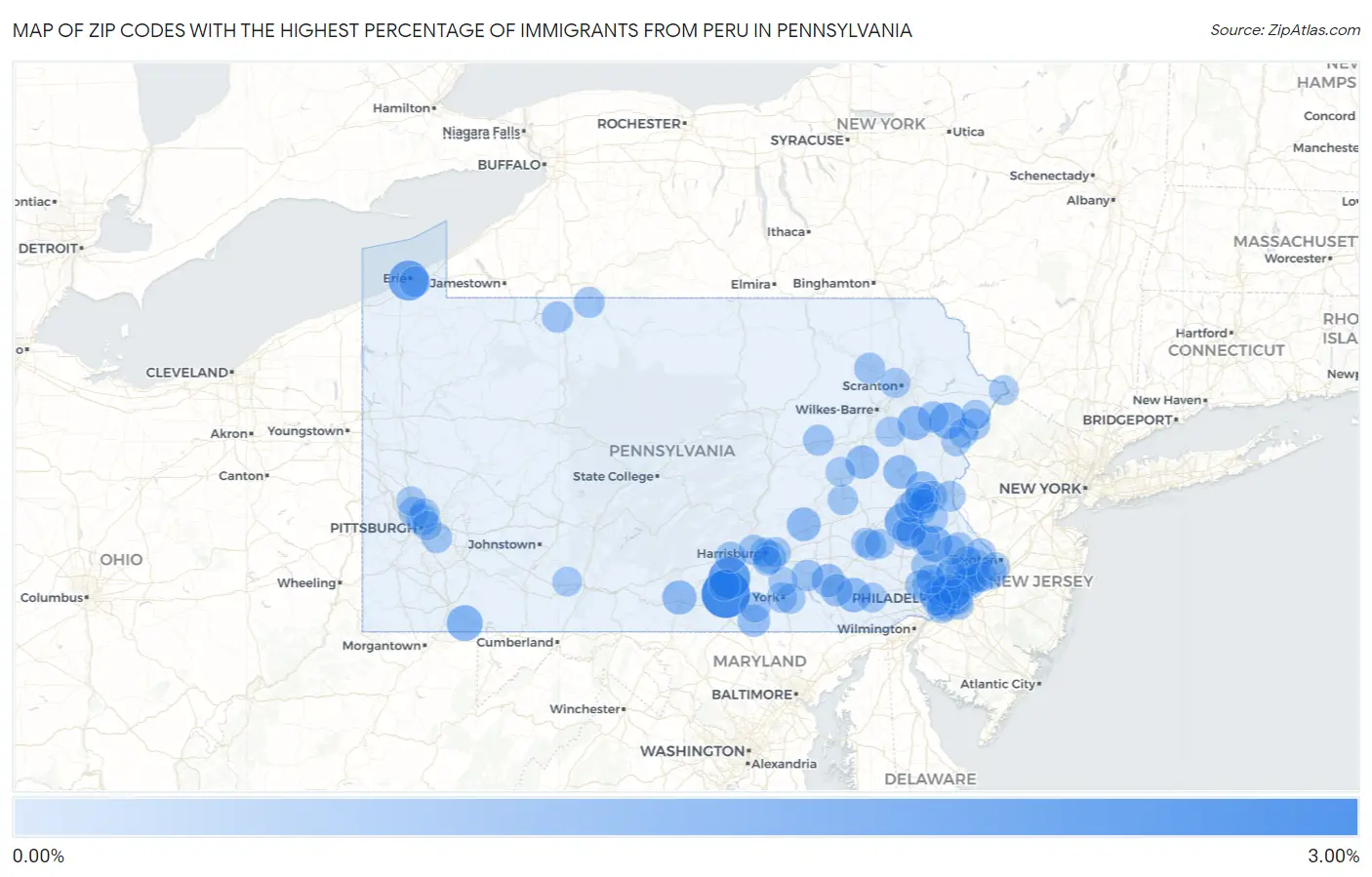 Zip Codes with the Highest Percentage of Immigrants from Peru in Pennsylvania Map