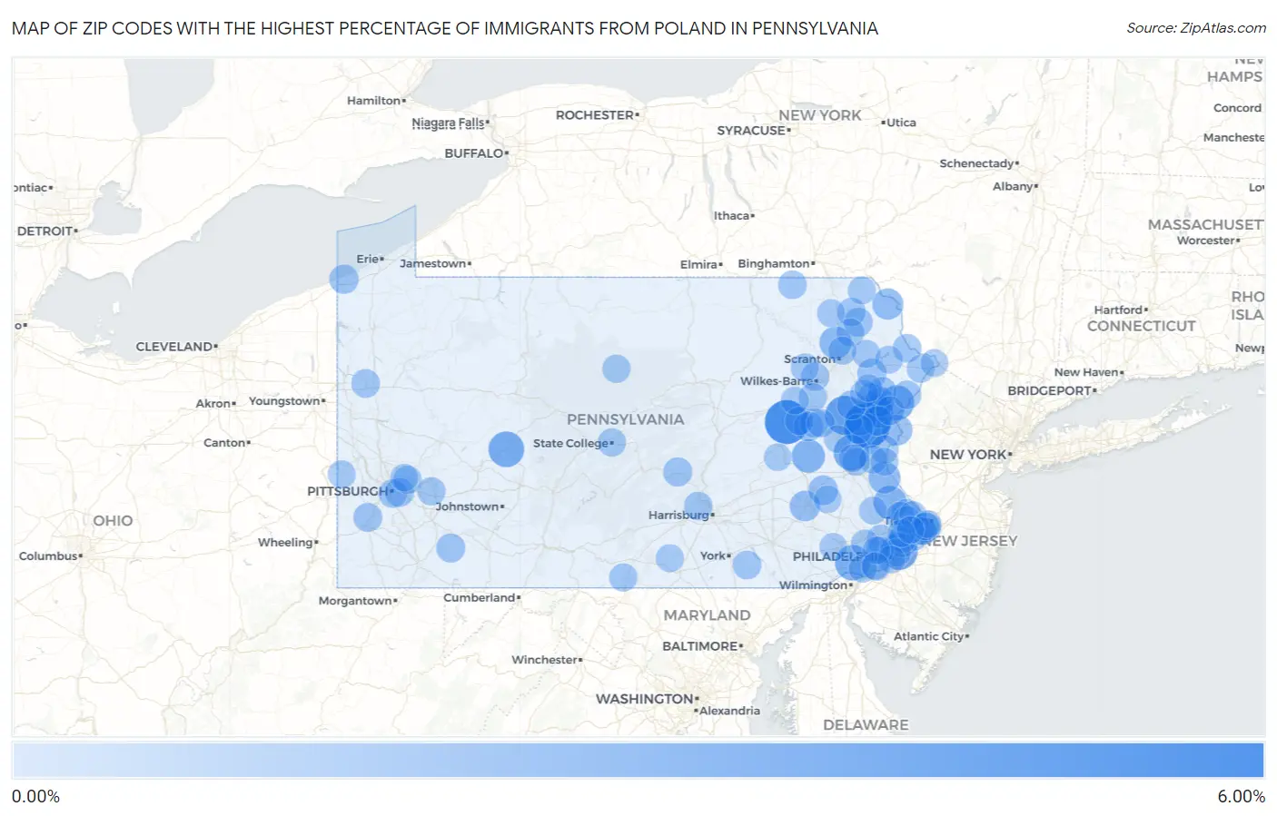 Zip Codes with the Highest Percentage of Immigrants from Poland in Pennsylvania Map