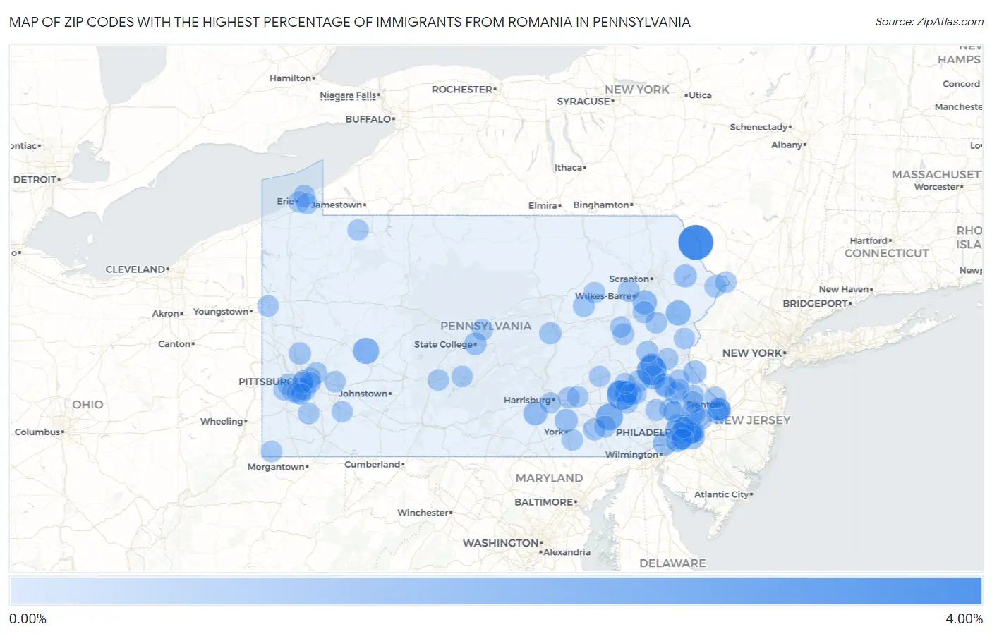 Zip Codes with the Highest Percentage of Immigrants from Romania in Pennsylvania Map