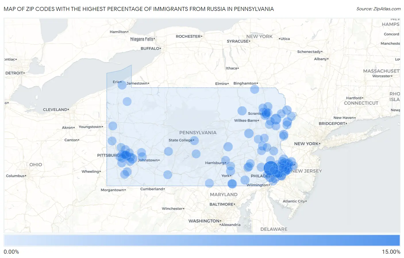 Zip Codes with the Highest Percentage of Immigrants from Russia in Pennsylvania Map