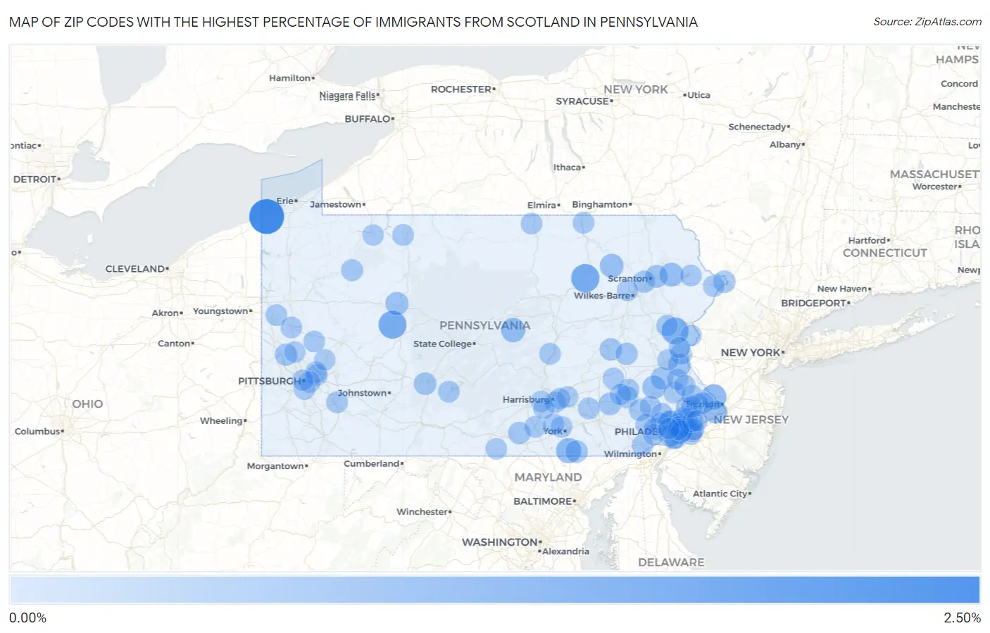 Zip Codes with the Highest Percentage of Immigrants from Scotland in Pennsylvania Map