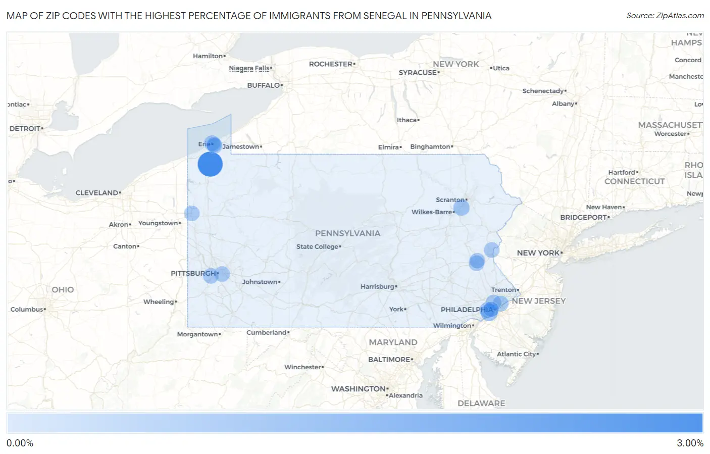 Zip Codes with the Highest Percentage of Immigrants from Senegal in Pennsylvania Map