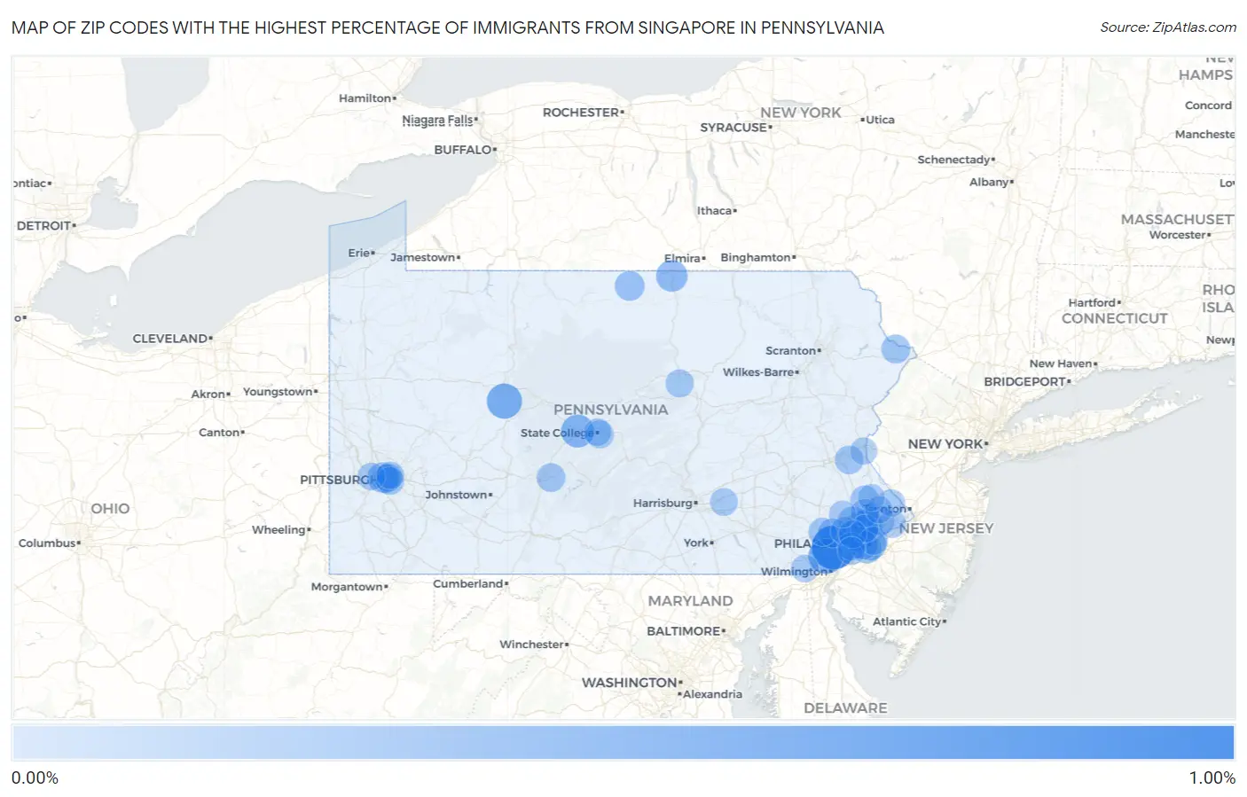 Zip Codes with the Highest Percentage of Immigrants from Singapore in Pennsylvania Map