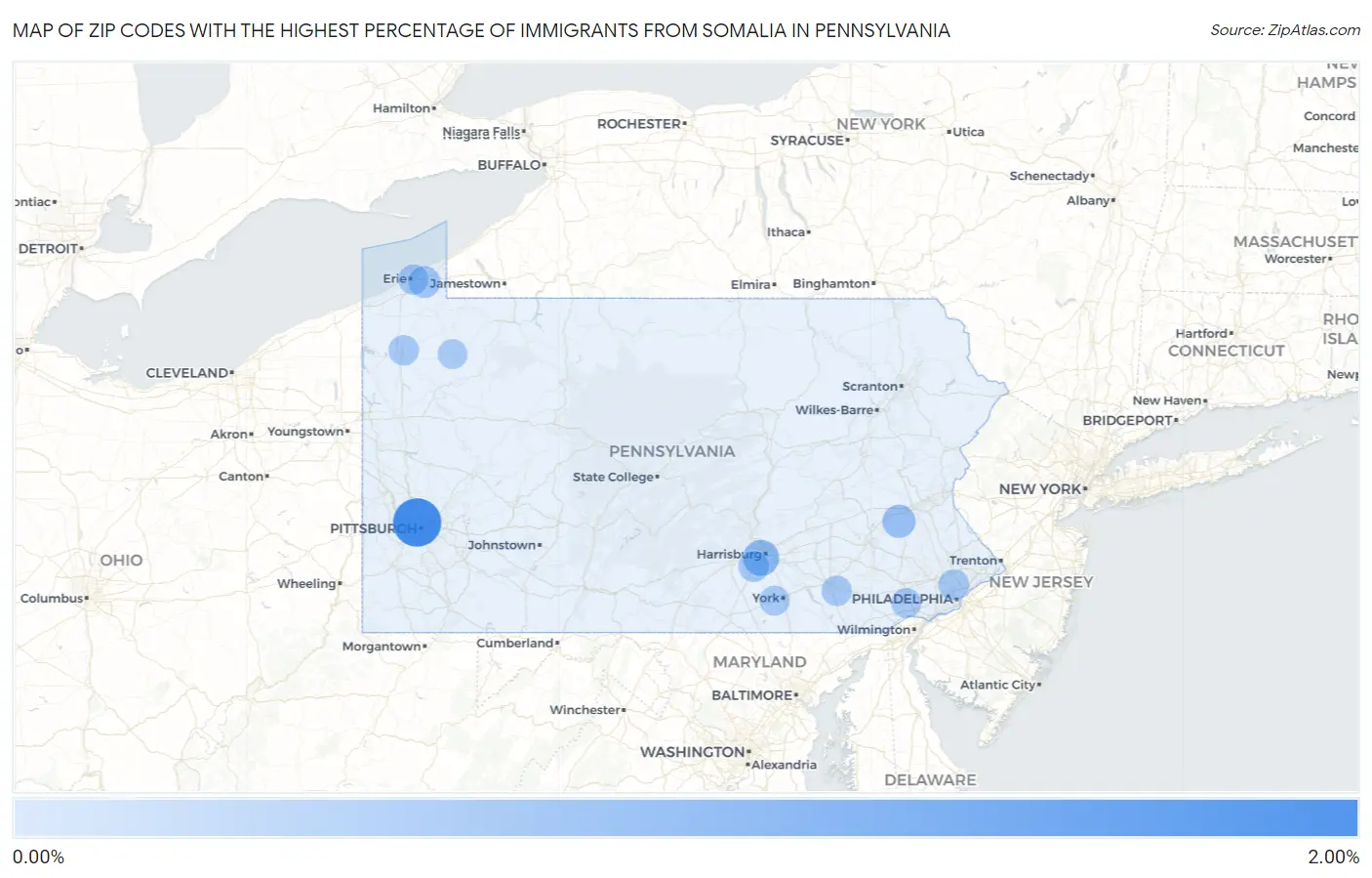 Zip Codes with the Highest Percentage of Immigrants from Somalia in Pennsylvania Map