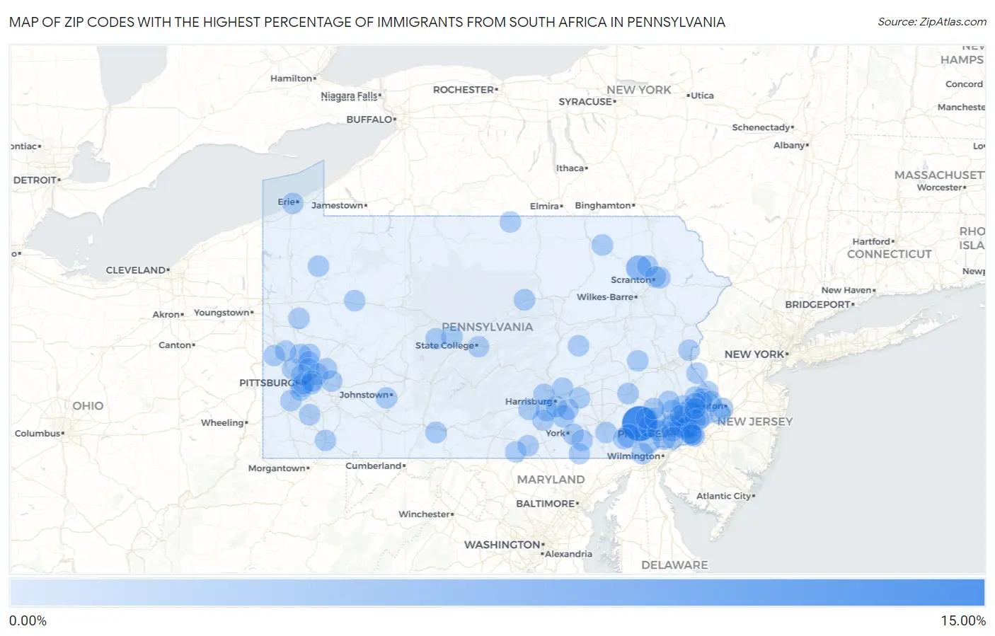 Zip Codes with the Highest Percentage of Immigrants from South Africa in Pennsylvania Map