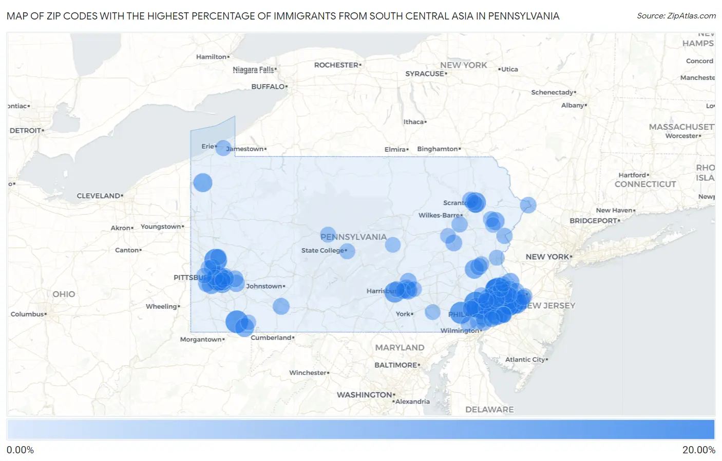 Zip Codes with the Highest Percentage of Immigrants from South Central Asia in Pennsylvania Map