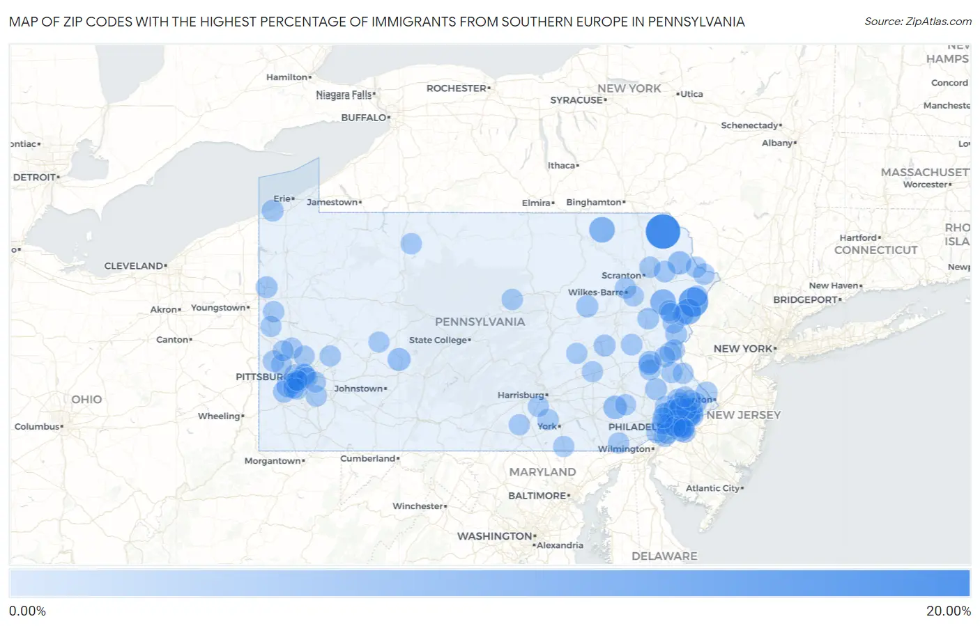 Zip Codes with the Highest Percentage of Immigrants from Southern Europe in Pennsylvania Map