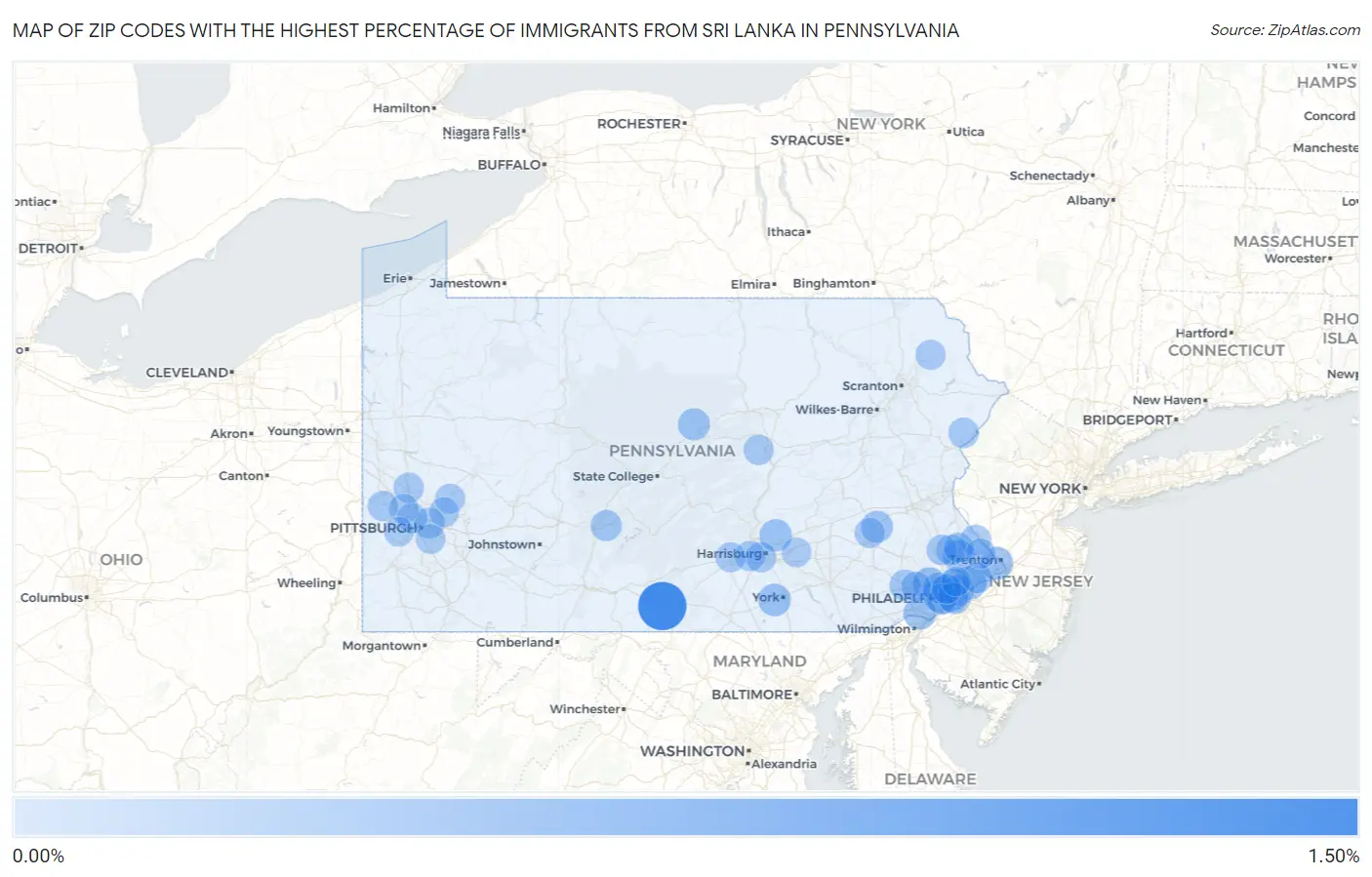 Zip Codes with the Highest Percentage of Immigrants from Sri Lanka in Pennsylvania Map