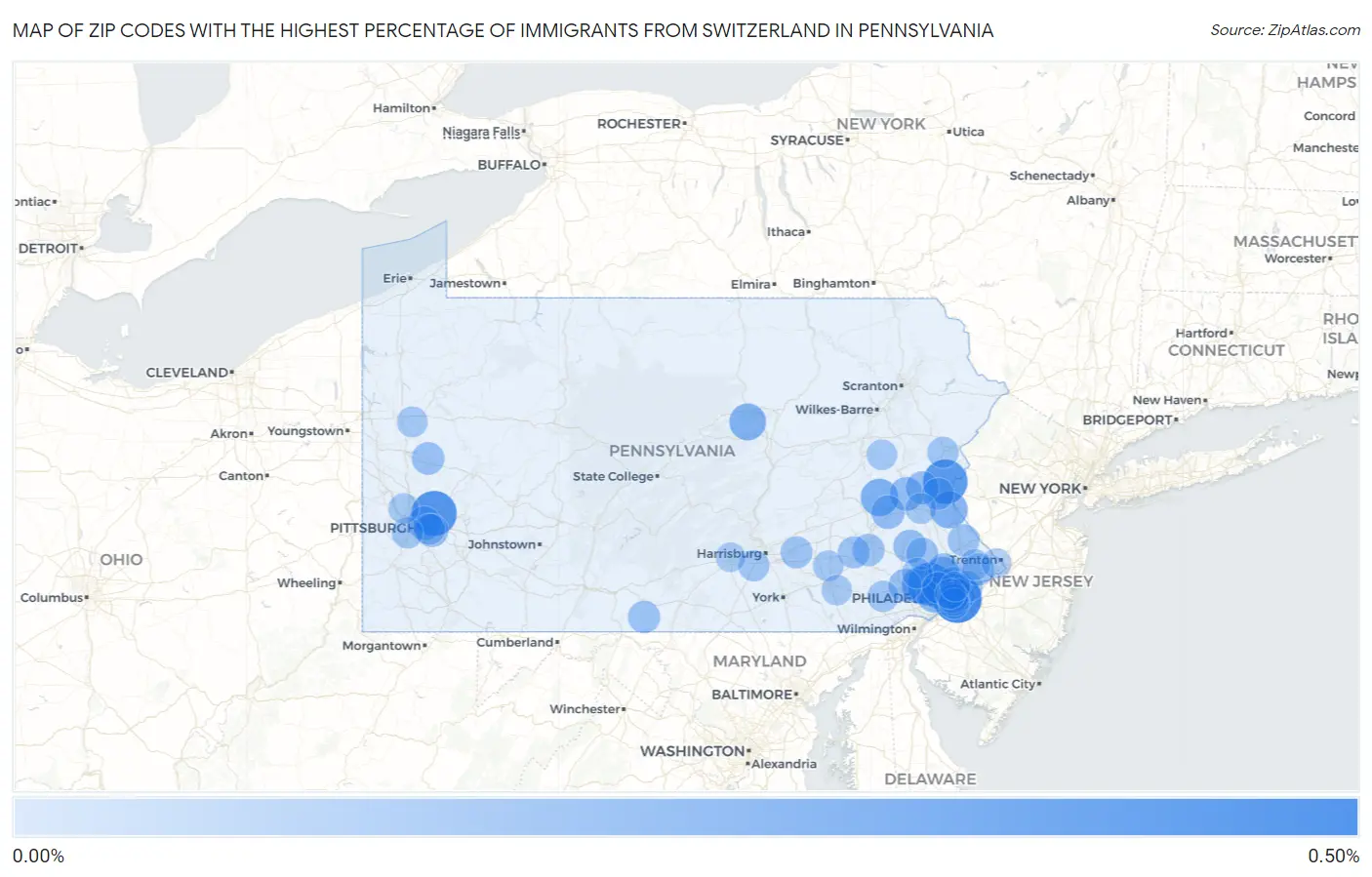 Zip Codes with the Highest Percentage of Immigrants from Switzerland in Pennsylvania Map