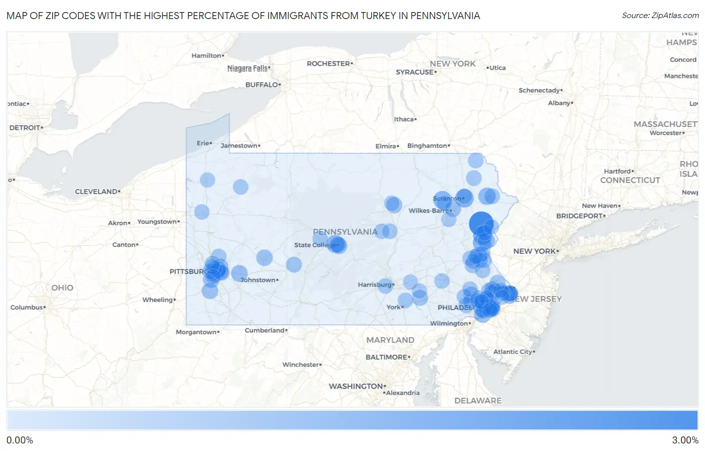 Zip Codes with the Highest Percentage of Immigrants from Turkey in Pennsylvania Map