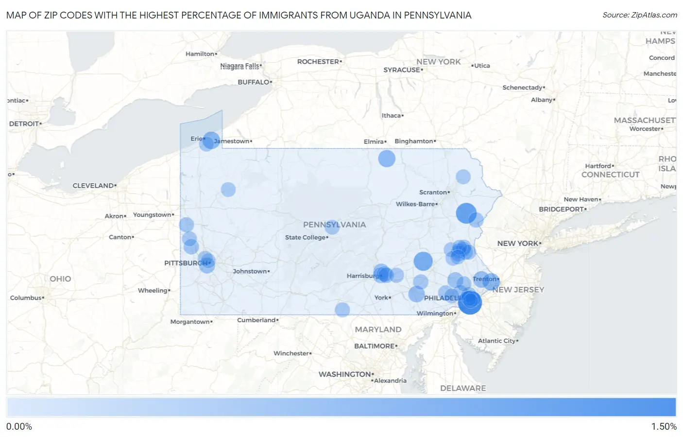 Zip Codes with the Highest Percentage of Immigrants from Uganda in Pennsylvania Map