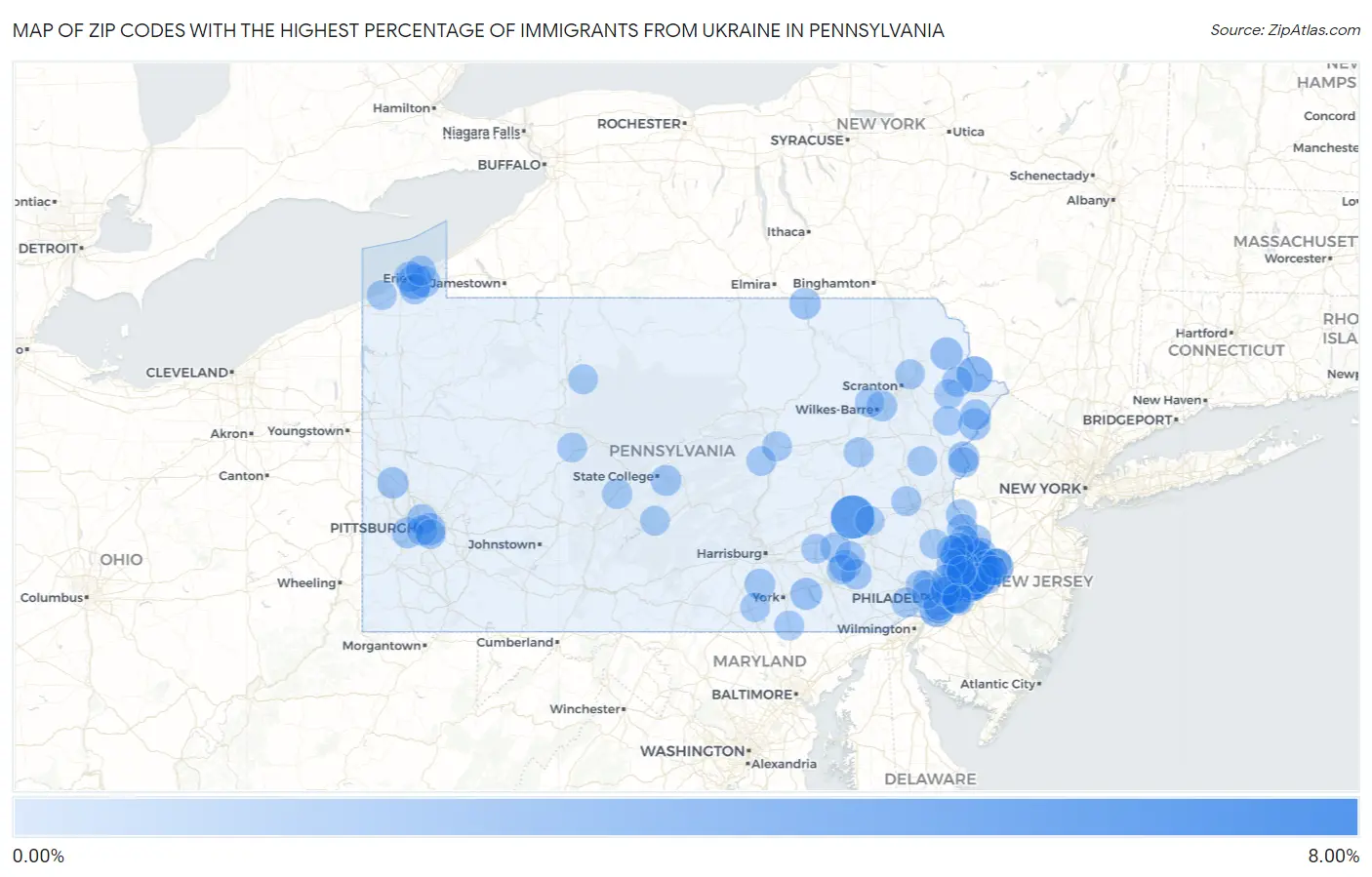 Zip Codes with the Highest Percentage of Immigrants from Ukraine in Pennsylvania Map
