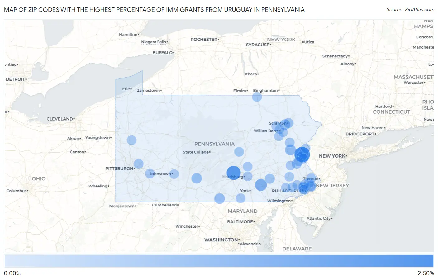 Zip Codes with the Highest Percentage of Immigrants from Uruguay in Pennsylvania Map