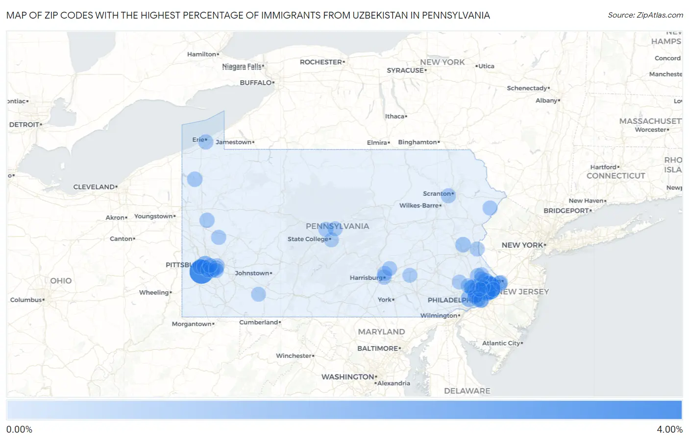 Zip Codes with the Highest Percentage of Immigrants from Uzbekistan in Pennsylvania Map