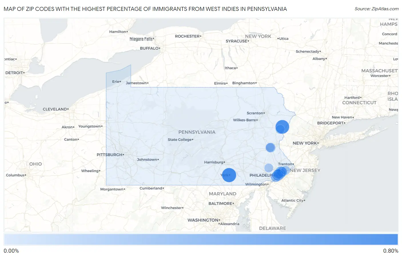 Zip Codes with the Highest Percentage of Immigrants from West Indies in Pennsylvania Map