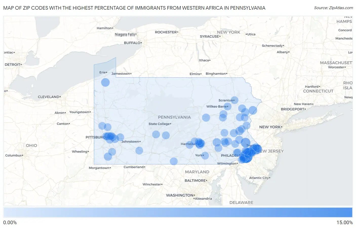Zip Codes with the Highest Percentage of Immigrants from Western Africa in Pennsylvania Map