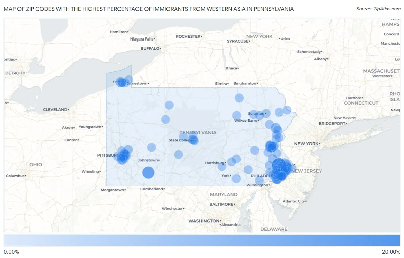 Zip Codes with the Highest Percentage of Immigrants from Western Asia in Pennsylvania Map
