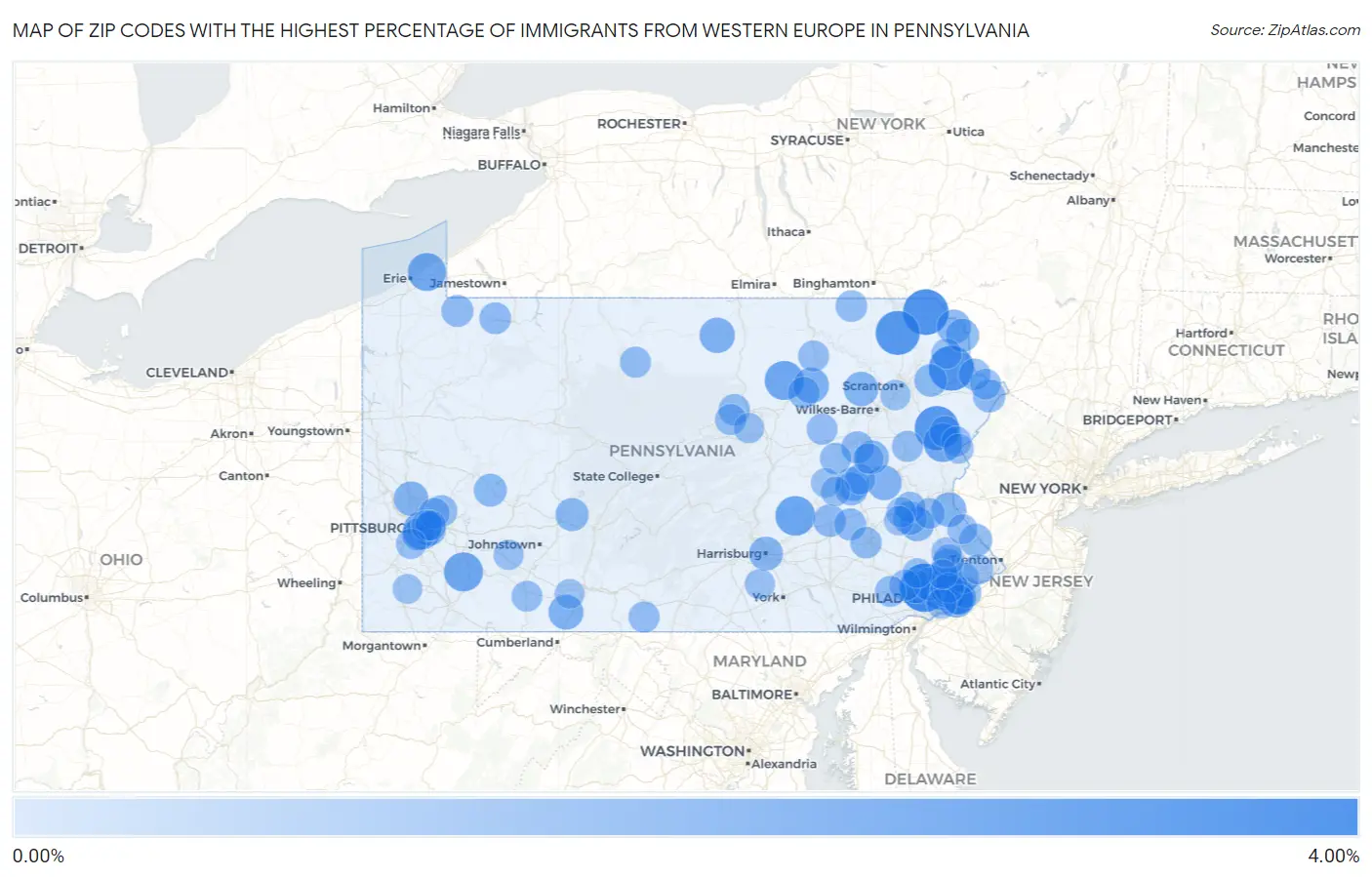 Zip Codes with the Highest Percentage of Immigrants from Western Europe in Pennsylvania Map