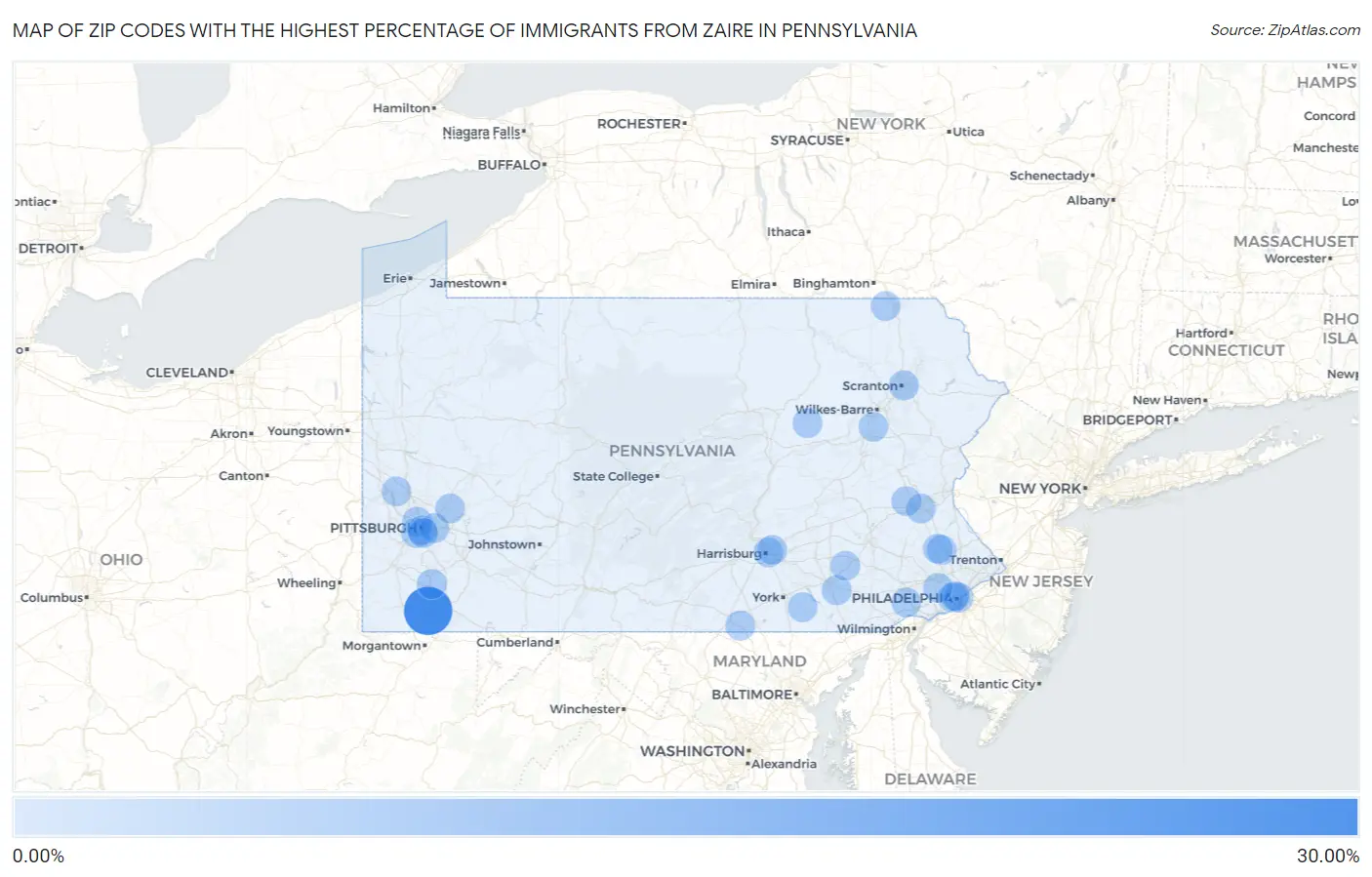 Zip Codes with the Highest Percentage of Immigrants from Zaire in Pennsylvania Map