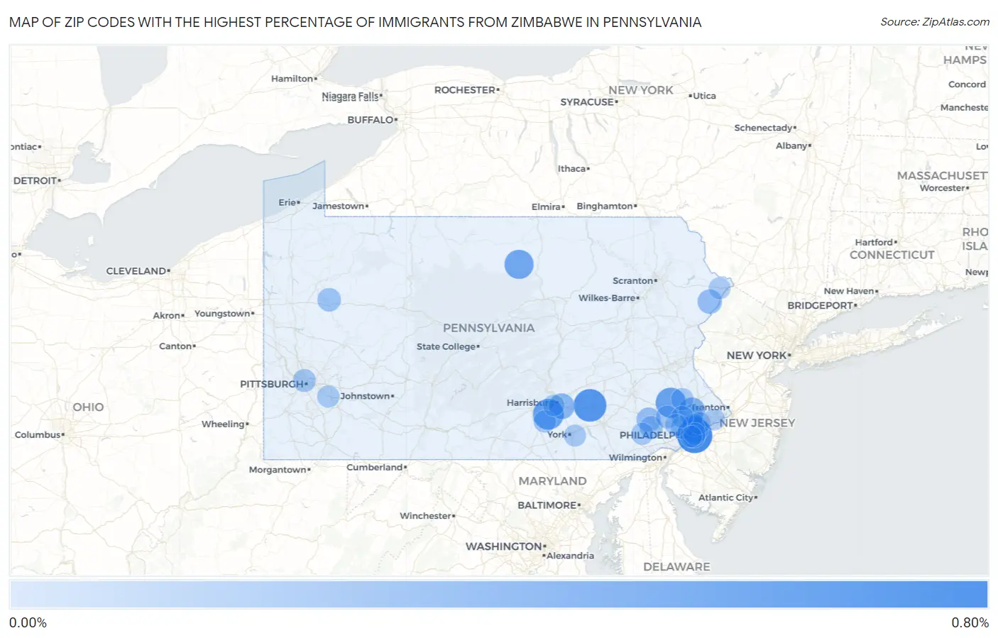 Zip Codes with the Highest Percentage of Immigrants from Zimbabwe in Pennsylvania Map