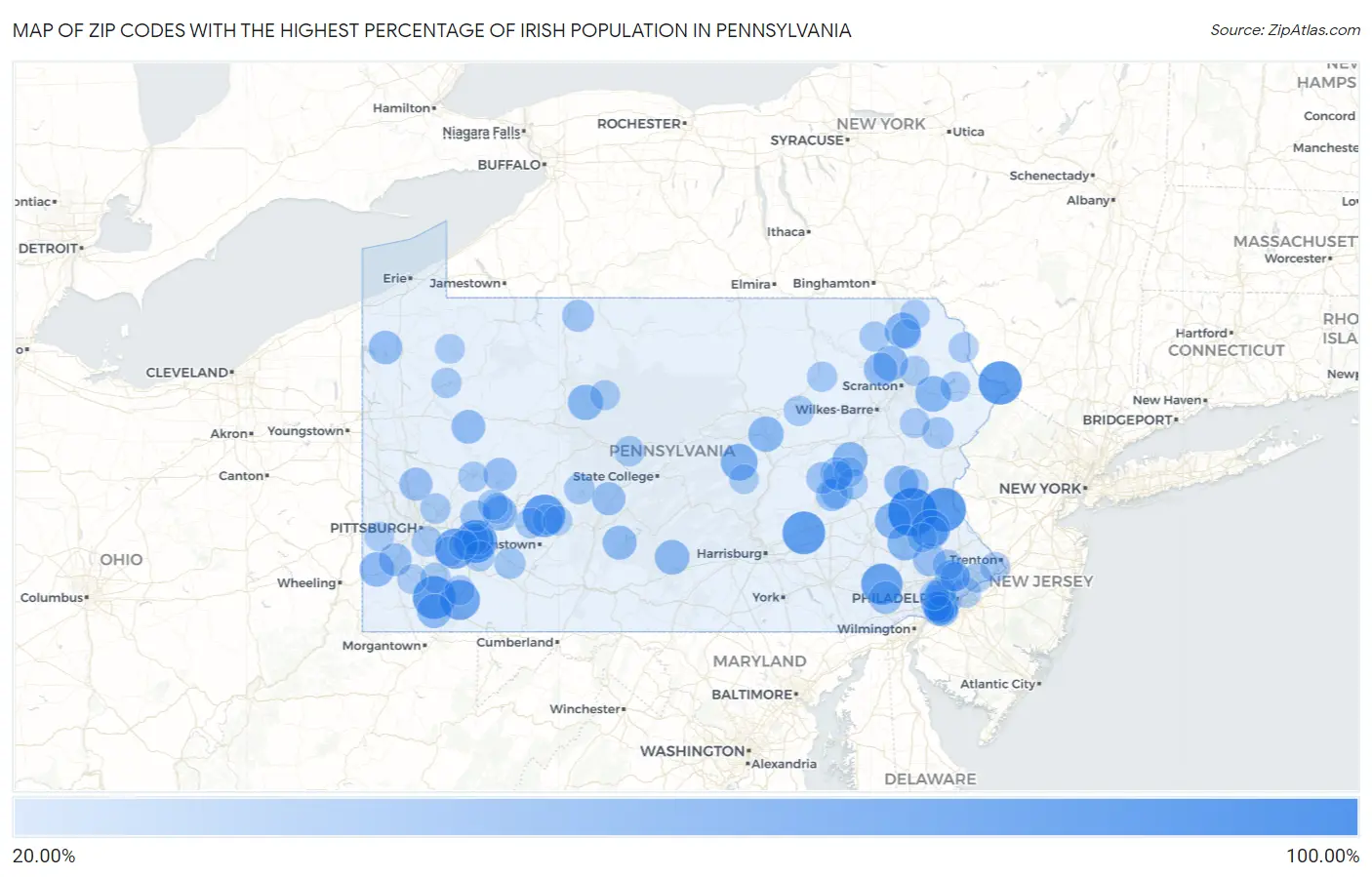 Zip Codes with the Highest Percentage of Irish Population in Pennsylvania Map