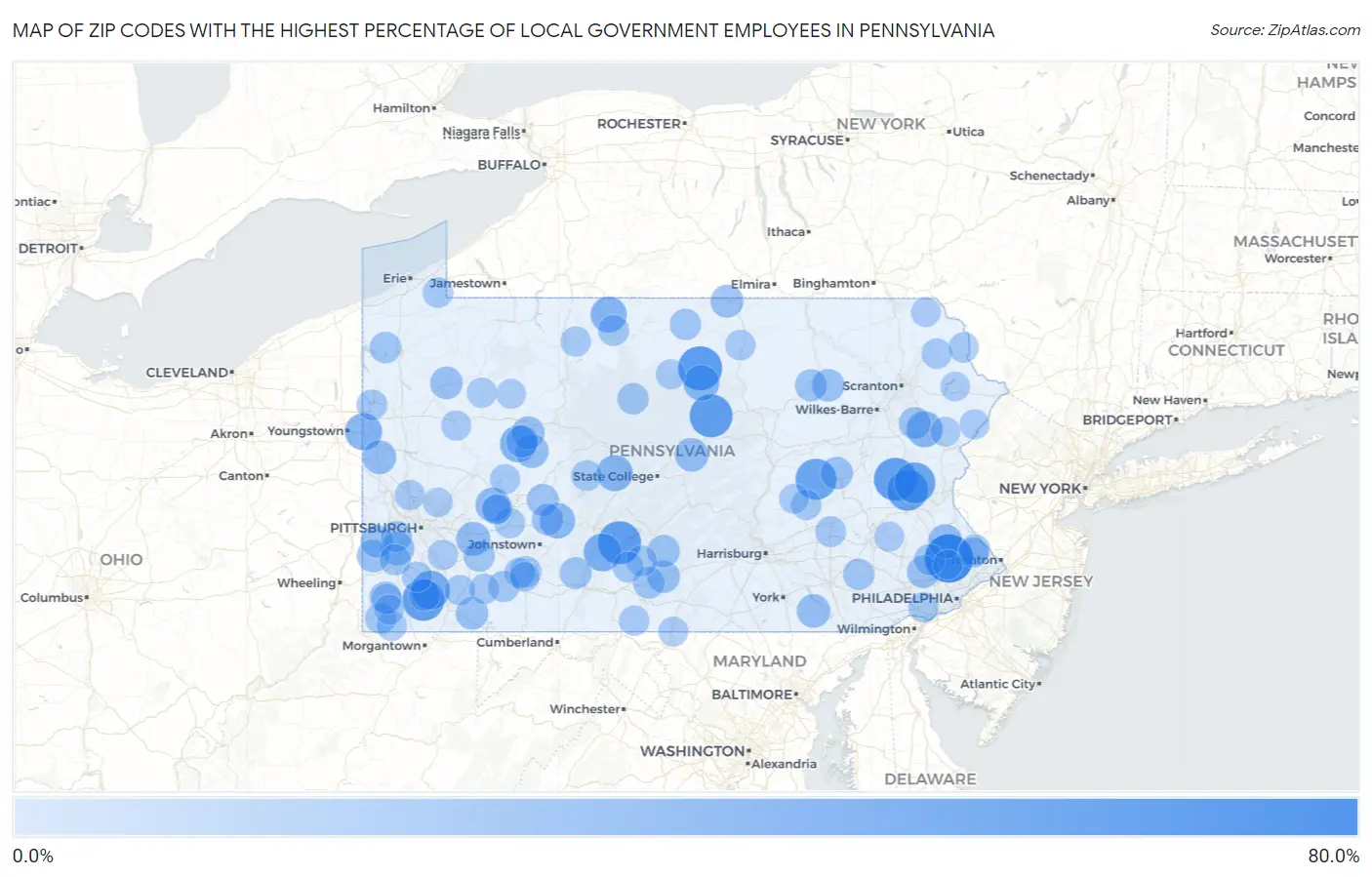 Zip Codes with the Highest Percentage of Local Government Employees in Pennsylvania Map